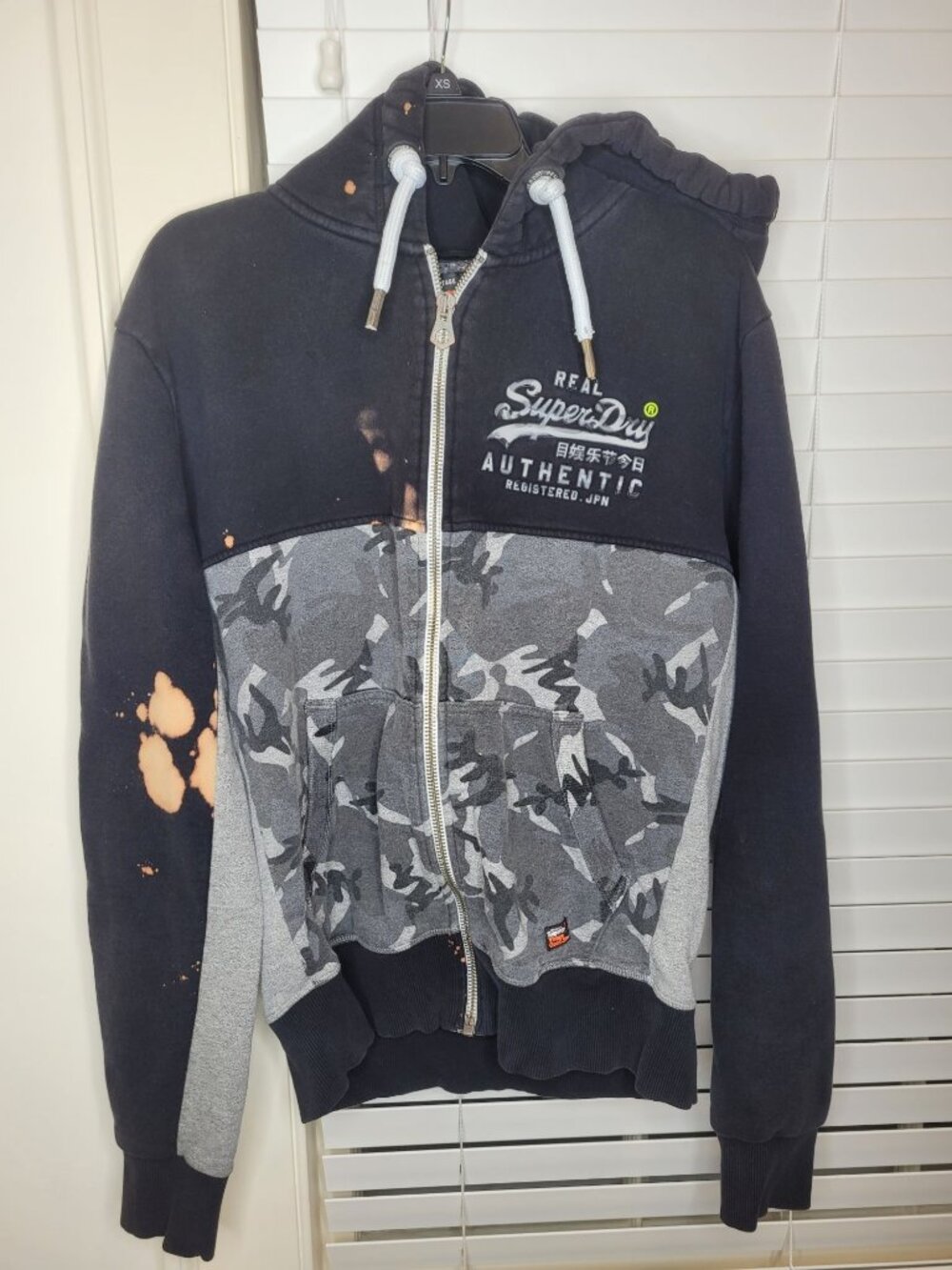 Superdry Mens Camouflage Hoodie L Black Gray Bleached distressed Grunge streetwe